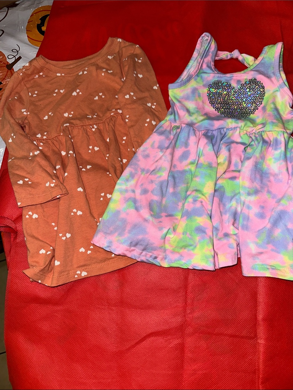 Old Navy Orange Heart Print Dress & Multicolor Tie-Dye Sequin Heart Tank Dress